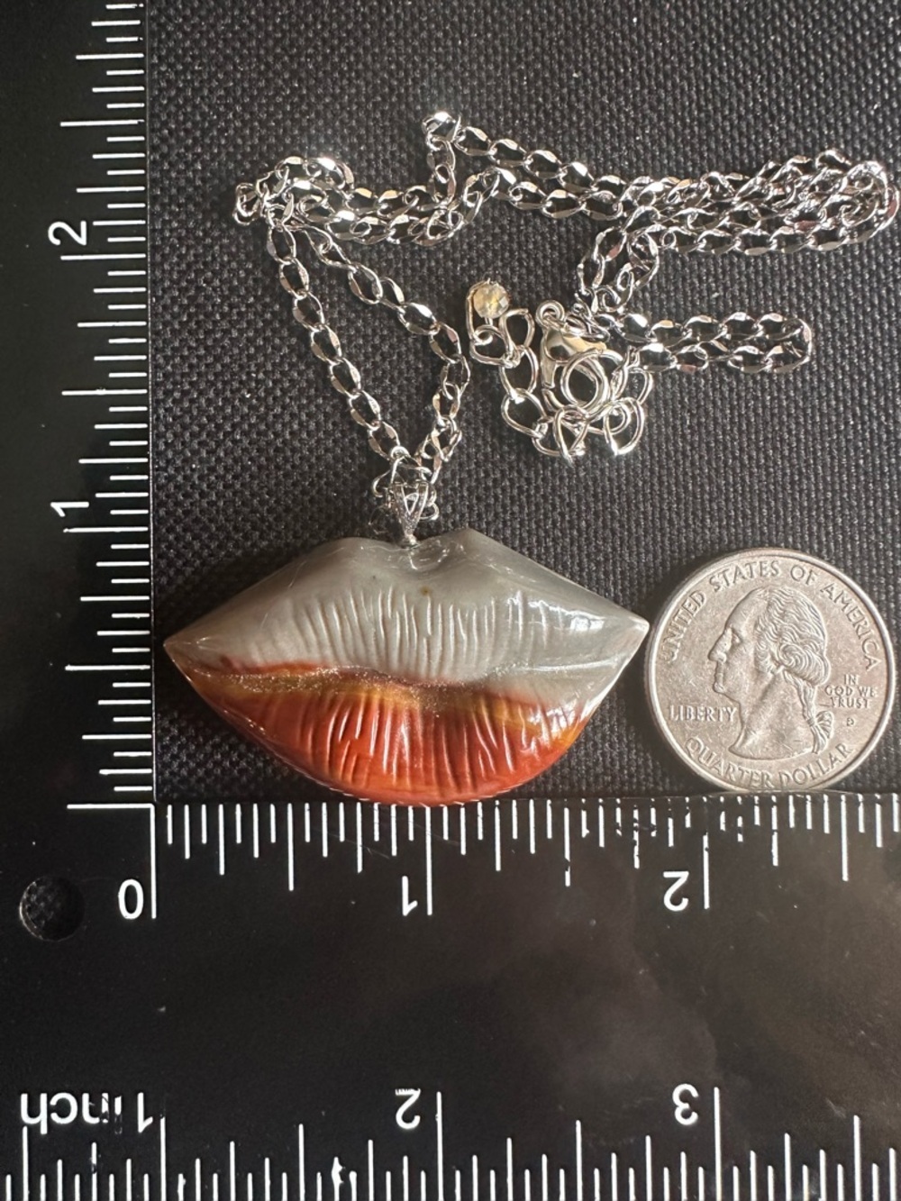 Alashan Agate Lips Pendant Necklace on Sterling Silver Bail and Stainless Steel - Picture 11 of 11
